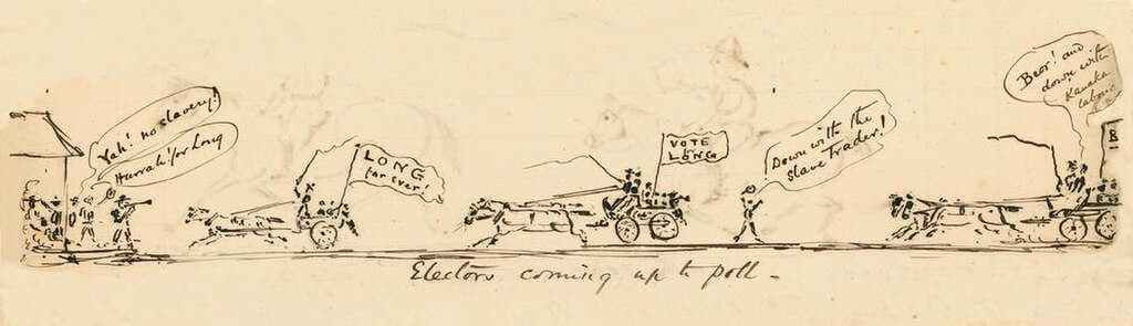 Anti-slavery drawing during the 1877 elections in Mackay by Charles Rawson.