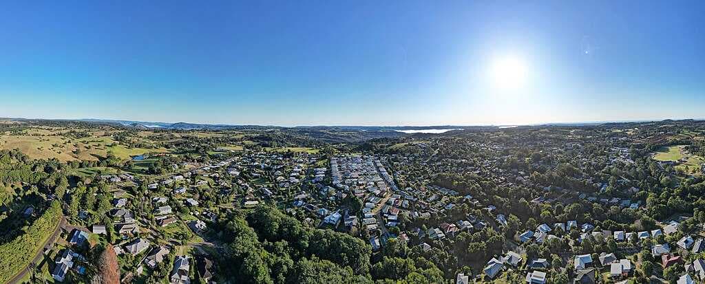 Aerial panorama of Maleny facing Lake Baroon. 2023.