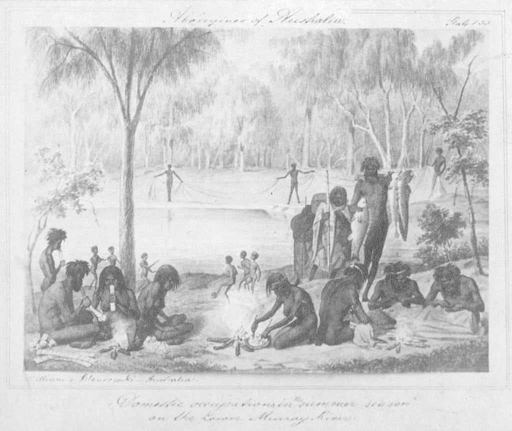 William Blandowski's 1857 depiction of Jarijari (Nyeri Nyeri) people including men hunting, women cooking and children playing near Merbein, Victoria. A form of kick and catch football is apparently being played in the background.[9]