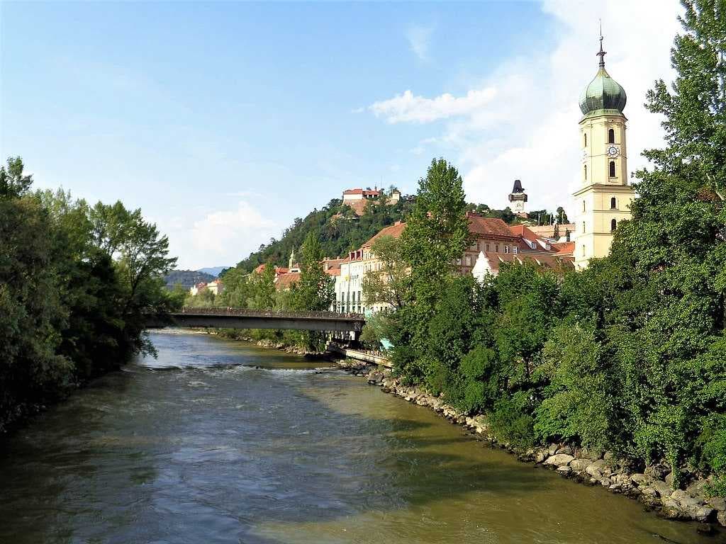 The river Mur and admiral Tegetthoff bridge in centre of Graz