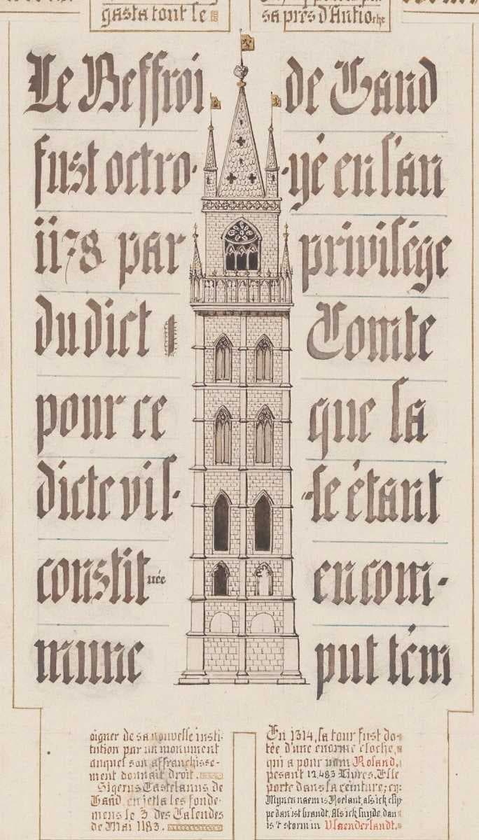 The Belfry of Ghent. Excerpt from the manuscript "Gand et Flandre" with chronicles, maps, miniatures and monuments. Written by Bruno Christiaenssens, 1844.[14]