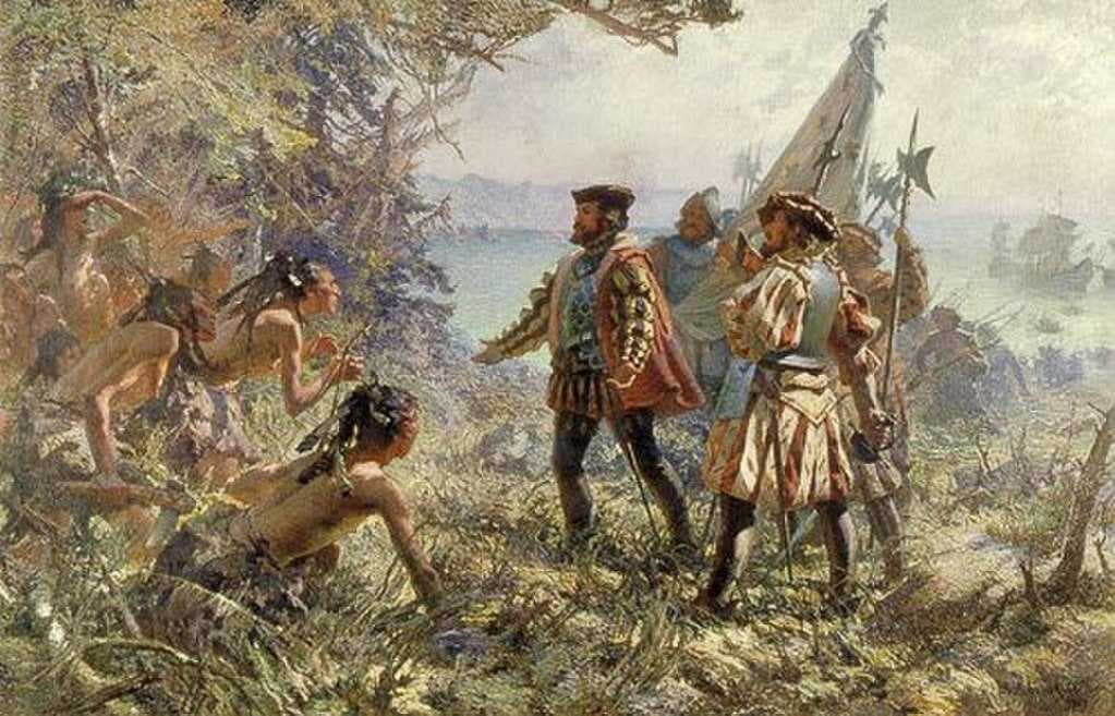Depiction of Jacques Cartiers meeting with the indigenous people of Stadacona in 1535.
