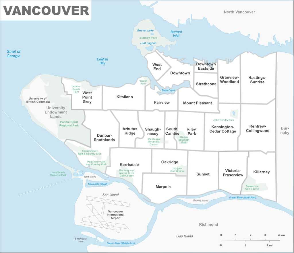23 official neighbourhoods of Vancouver (local usage varies)