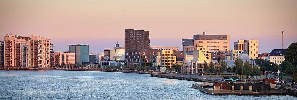 Aalborg Waterfront as seen at sunset (2020).