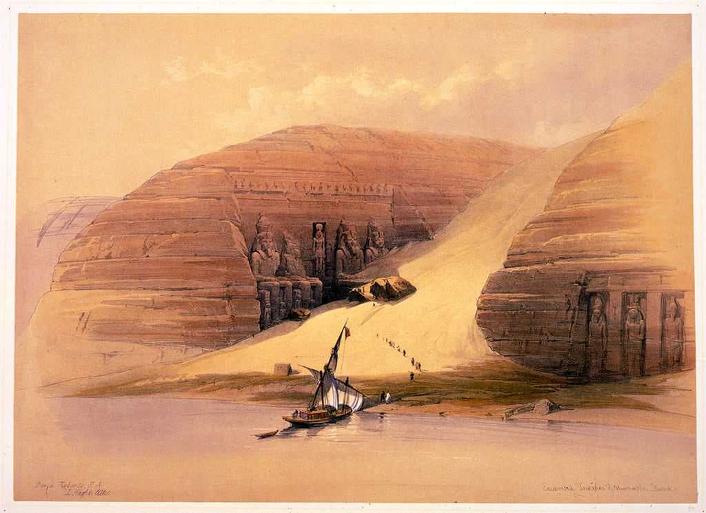 1840s sketch from The Holy Land, Syria, Idumea, Arabia, Egypt, and Nubia showing how the sand had partially covered the great temple. Note this was approximately two decades after Italian explorer Giovanni Belzoni had removed some of the sand in order to create an entrance to the Great Temple