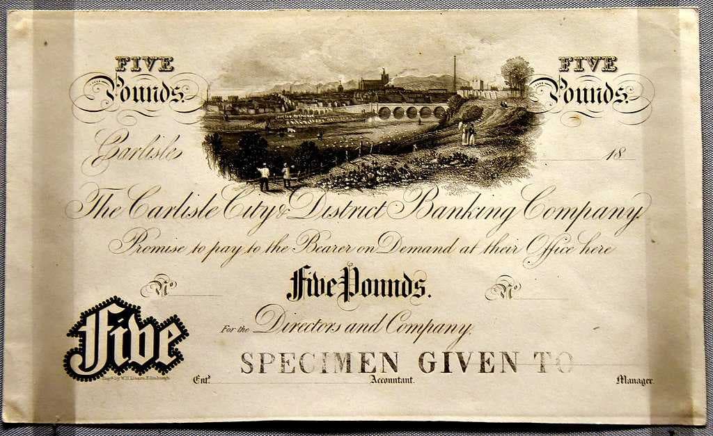 A banknote designed by William Home Lizars for Carlisle City and District Banking Company highlights the town's industrial features.