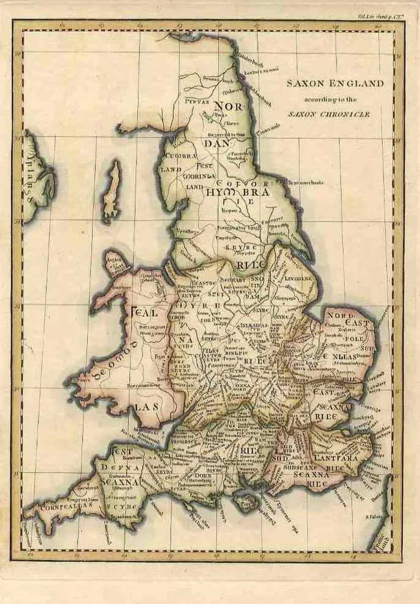 "Cornweallas" shown on an early 19th-century map of "Saxon England" (and Wales) based on the Anglo-Saxon Chronicle.