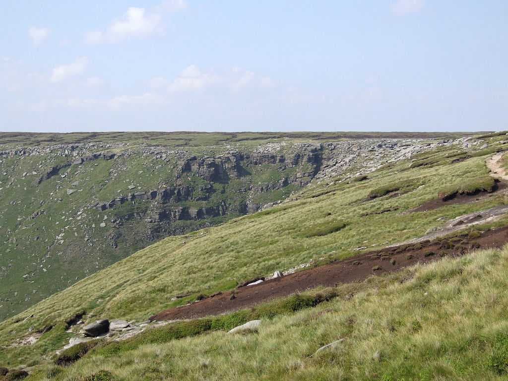 The rugged moorland edge of the southern Pennines at Kinder Downfall
