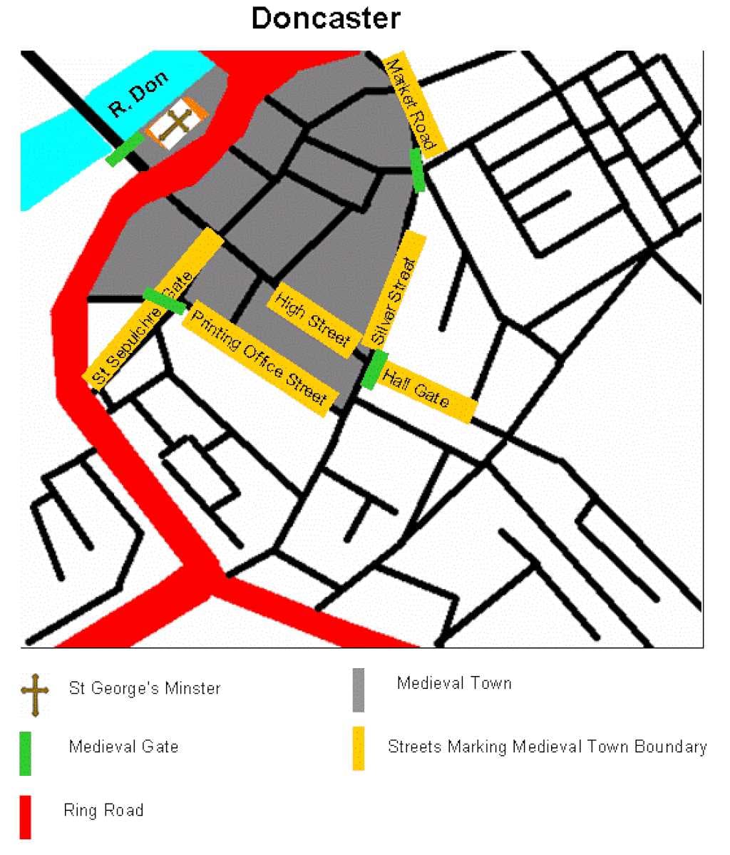 Map showing the boundary of the fortified Medieval township of Doncaster with four Gates
