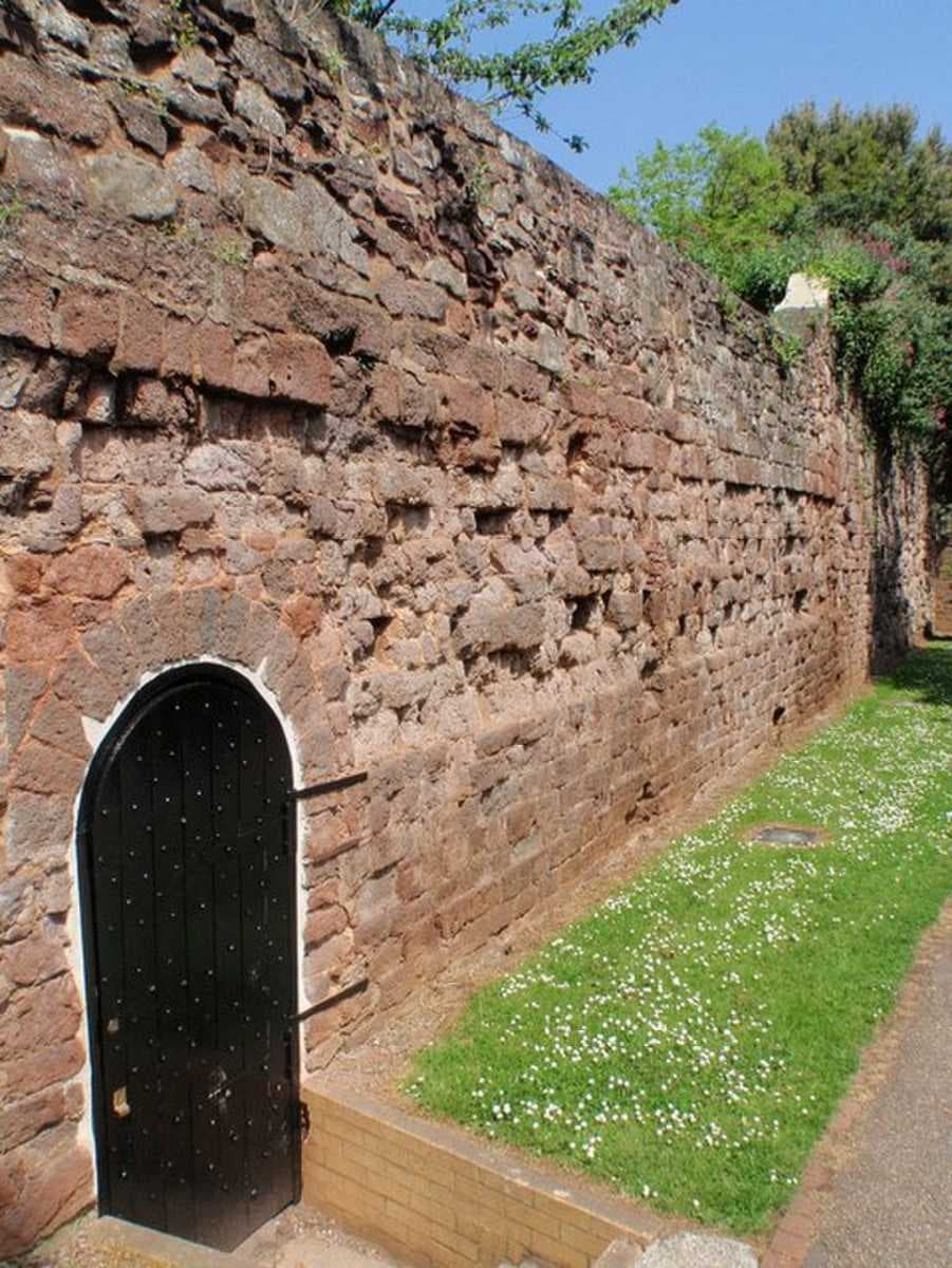 A portion of Exeter's city wall, formed of both Roman and medieval stones.