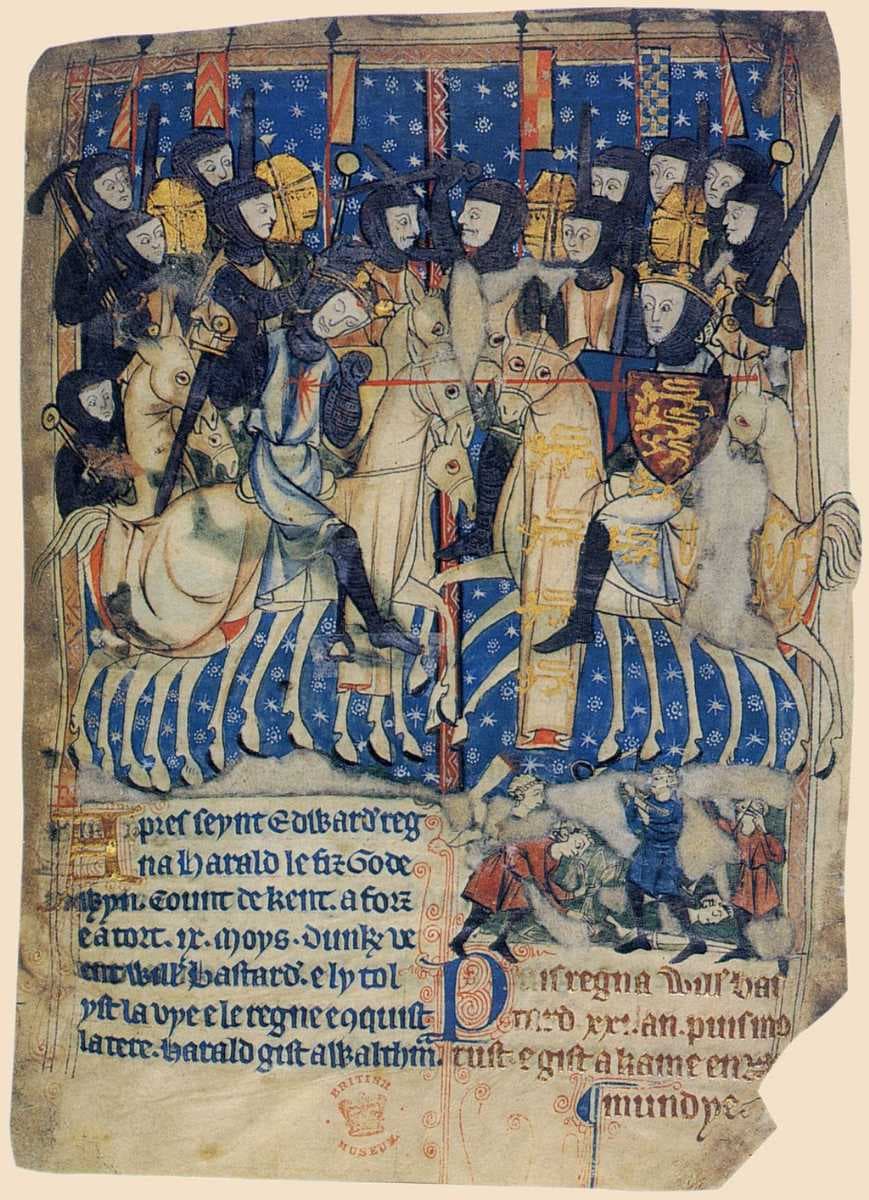 Duke William of Normandy, stabs King Harold of England at the Battle of Hastings. 14th-century manuscript in the British Library, London.