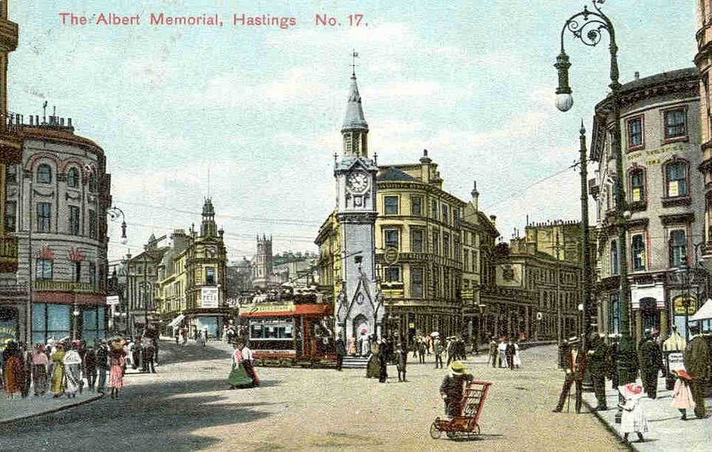Hastings town centre and the Memorial from an old postcard