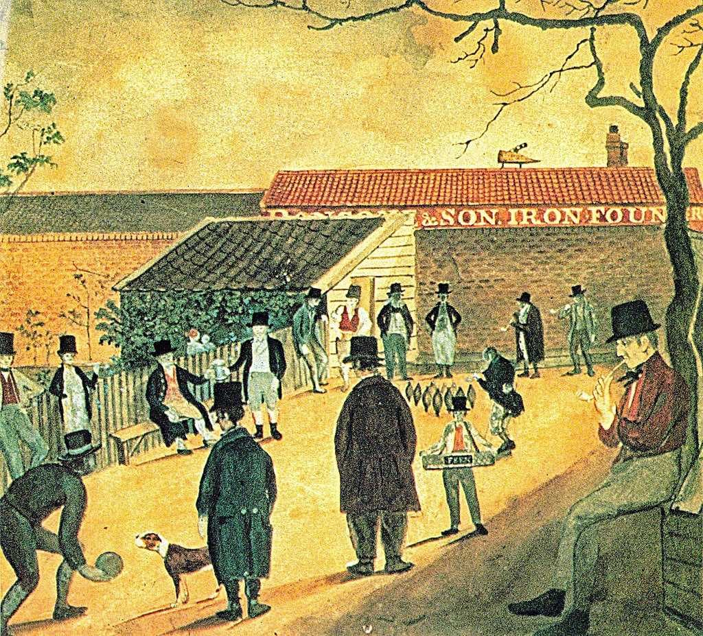 A circa 1810 painting of outdoor bowling near Ransome & Son Foundry, an early embodiment of Ipswich's longtime agricultural equipment maker Ransomes, Sims & Jefferies.