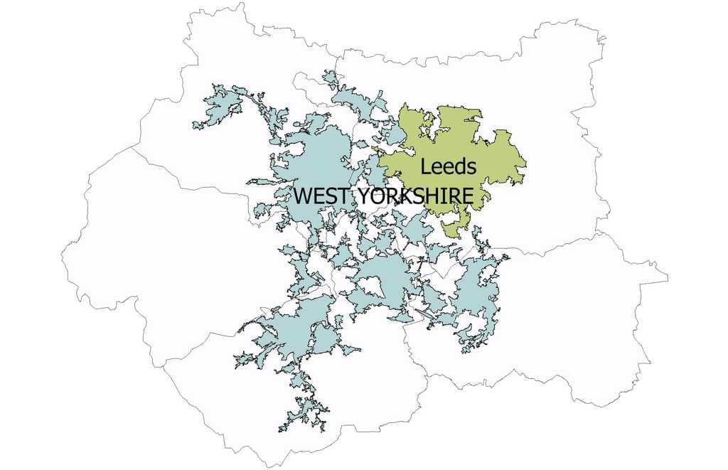 Leeds urban subdivisionshown within the West Yorkshire urban area