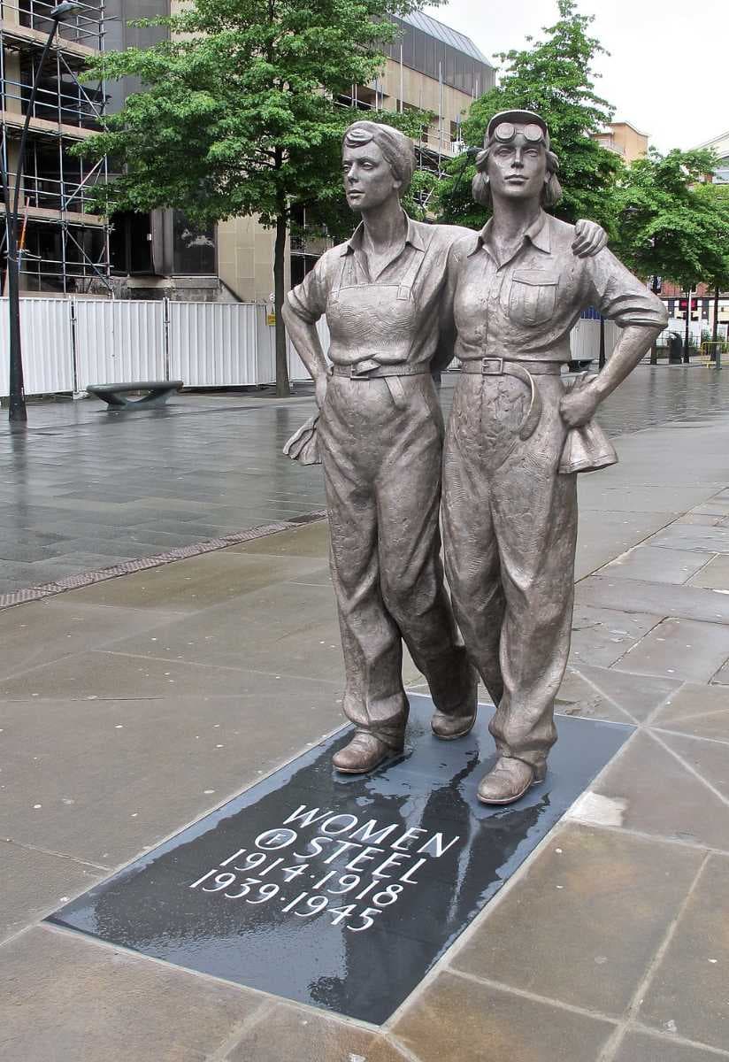 The Women of Steel statue commemorates the women of Sheffield who worked in the city's steel industry during the First and Second World Wars.