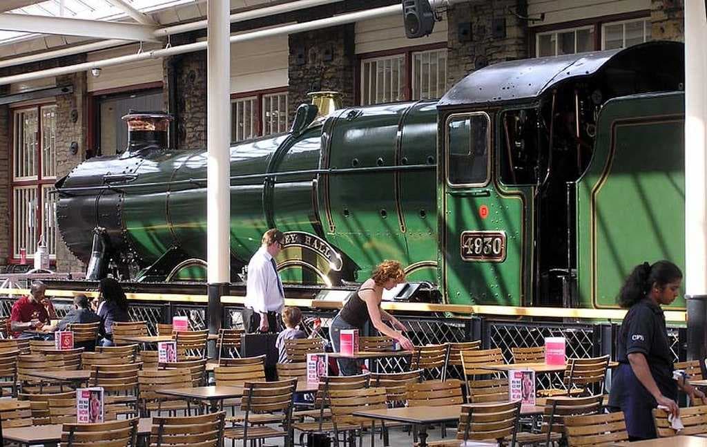 Hagley Hall, a Swindon-built locomotive, on display in the eating area of the McArthur Glen Designer Outlet, Swindon