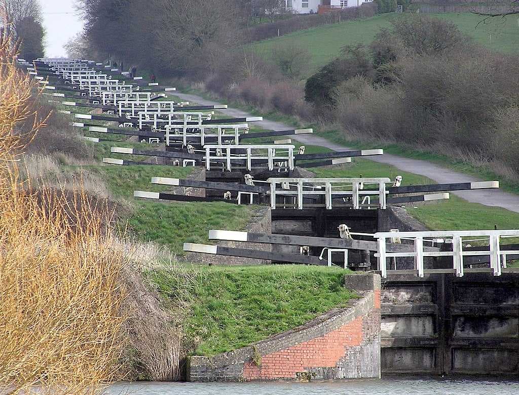 The flight of 16 locks at Caen Hill on the Kennet and Avon Canal