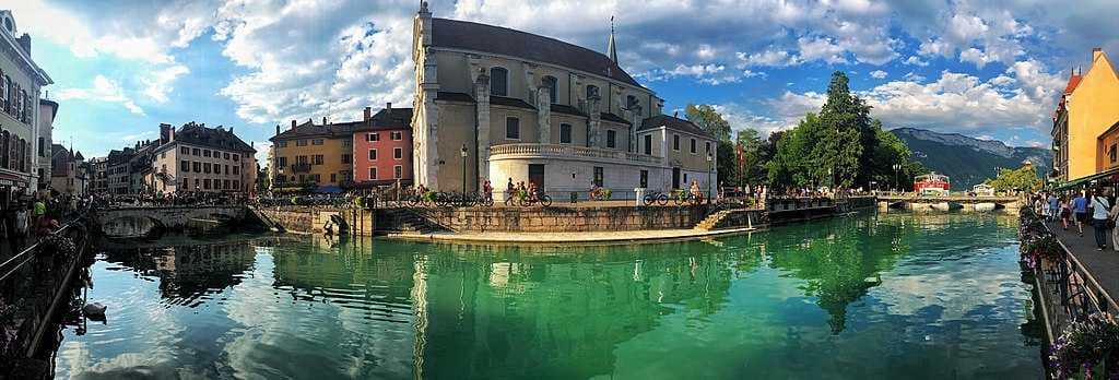 A panoramic image from the southern bank of the Thiou in the city centre as of July 2018