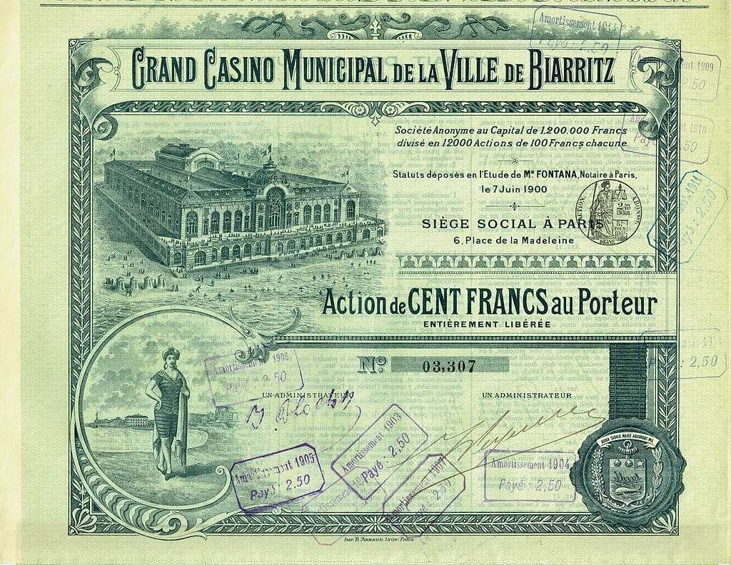 Share of the Grand Casino Municipal de la Ville de Biarritz S. A., issued 1900