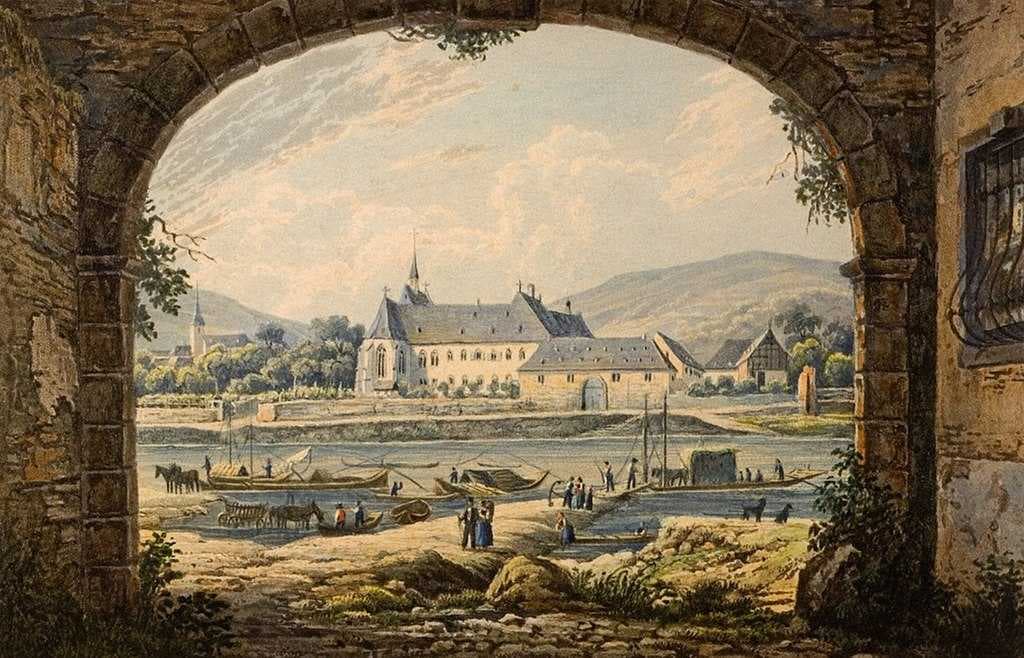Hospital Cues (Cusanusstift) in Bernkastel-Kues in 1831. Hand-coloured aquatint engraving by F. Hegi after Karl Bodmer.