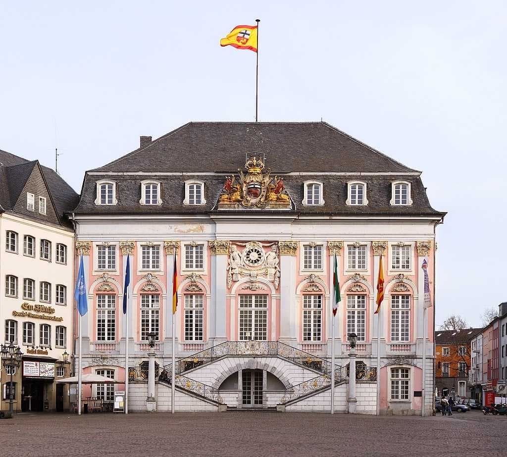 The Altes Rathaus (old town hall) as seen from the central market square. It was built in 1737 in the Rococo style.