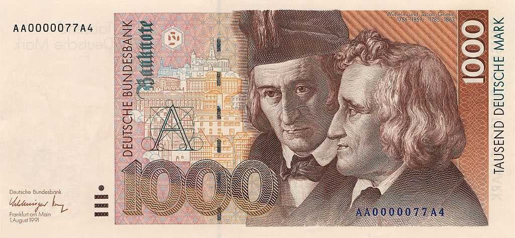 The Brothers Grimm and historic buildings of Kassel on the last 1000 DM banknote