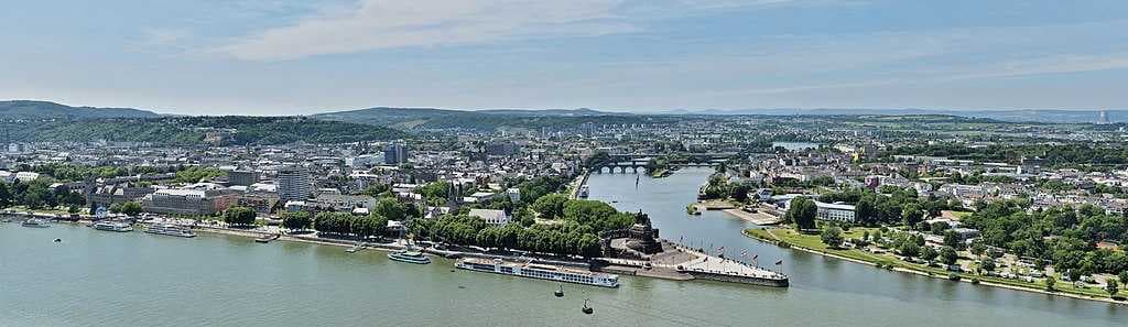 Panoramic view at Koblenz with monument at Deutsches Eck