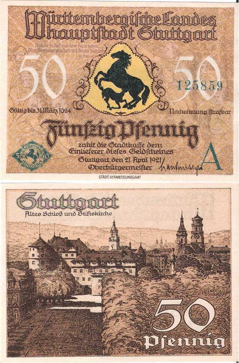 Front and back of a 50-pfennig Notgeld from 1921 featuring the state capital, Stuttgart