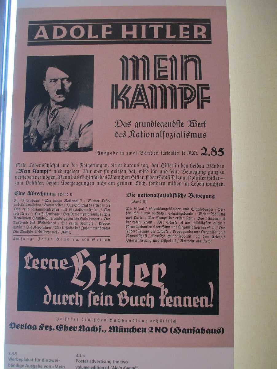 Poster promoting Hitler's Mein Kampf in 2 paperback volumes for 2.85 Rentenmarks each