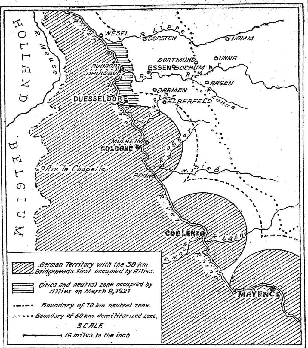Map showing the areas under the Rhineland occupation