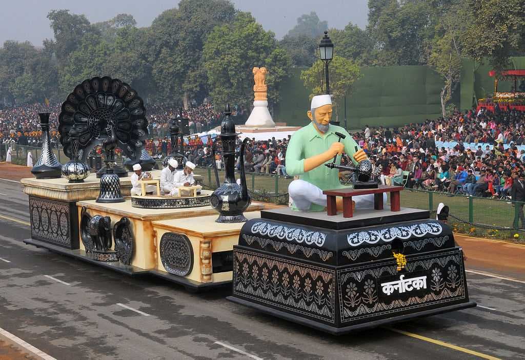 The Karnataka tableau depicting Bidriware Handicraft from Bidar passes through the Rajpath during the Republic Day Parade 2011.