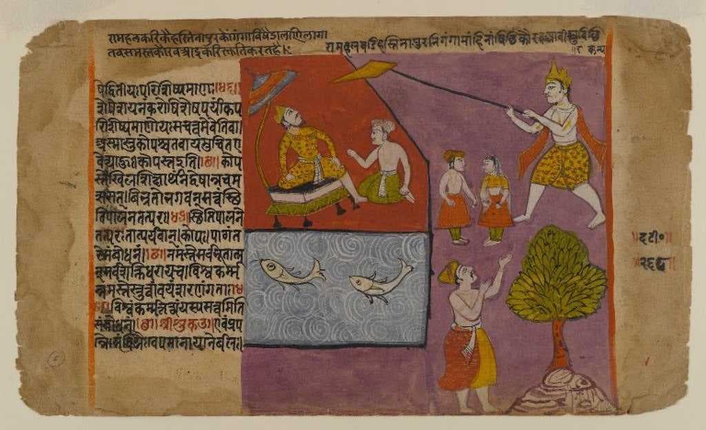 Balarama pulling Hastinapur toward the Ganges, page from a Bhagavata Dasamskanda series.