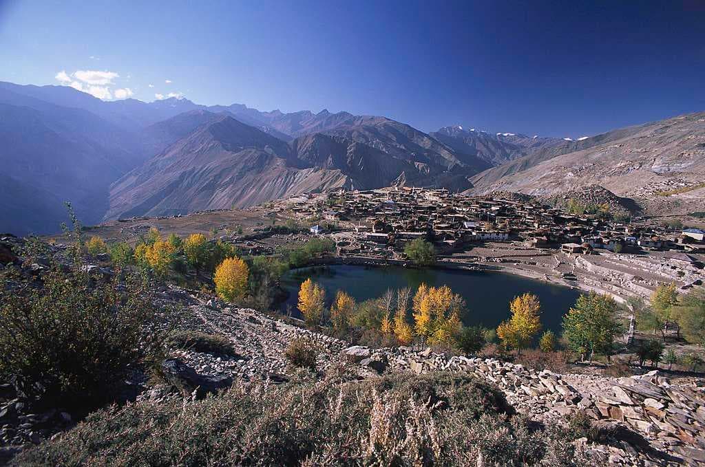 Himalayan landscape, Nako Lake and village shown