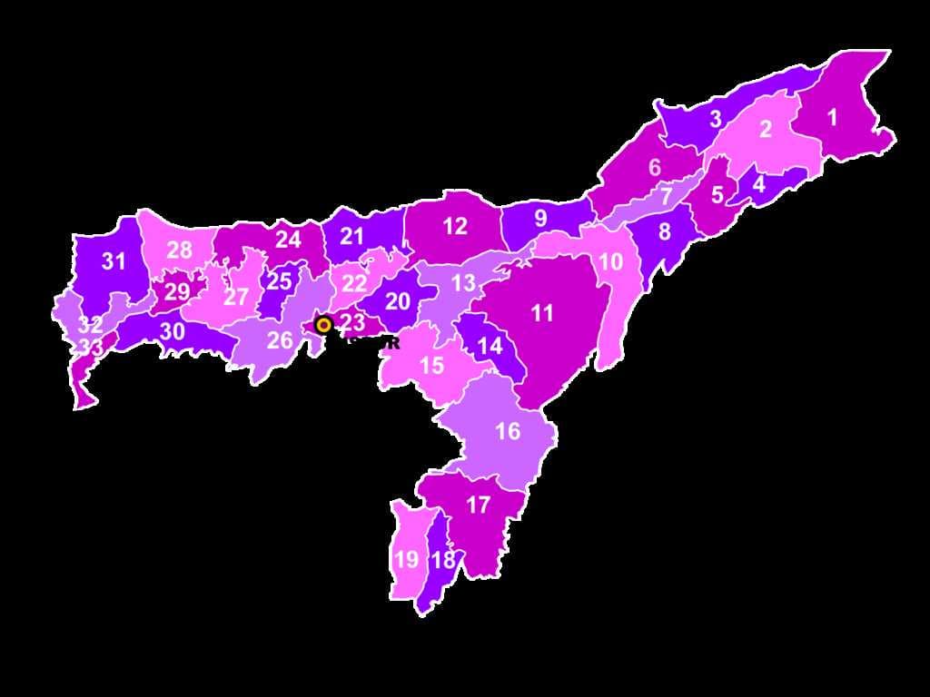 1. Tinsukia, 2. Dibrugarh, 3. Dhemaji, 4. Charaideo, 5. Sivasagar, 6.Lakhimpur, 7. Majuli, 8. Jorhat, 9. Biswanath, 10. Golaghat, 11. Karbi Anglong East, 12. Sonitpur, 13. Nagaon, 14. Hojai, 15. Karbi Anglong West, 16. Dima Hassao, 17. Cachar, 18. Hailakandi, 19. Karimganj, 20. Morigaon, 21. Udalgur