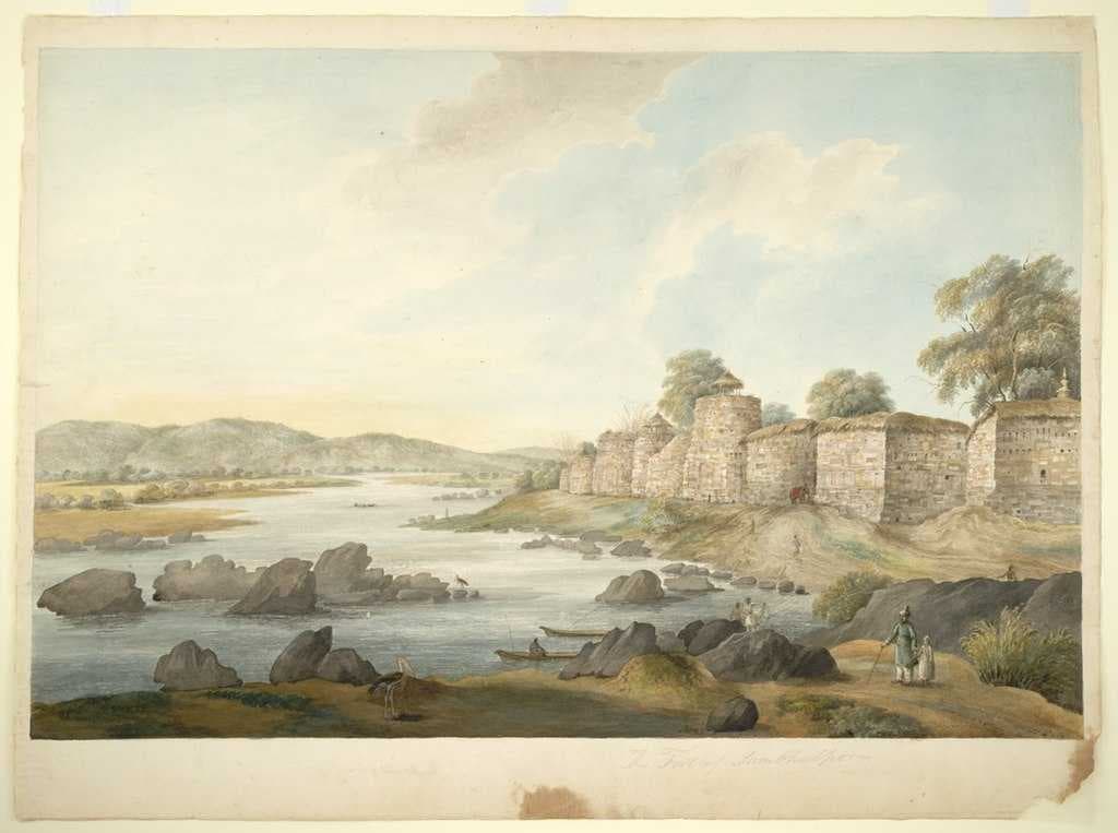 Sambalpur in 1825, watercolour of the fort at Sambalpur, by an anonymous artist for the Gilbert Collection, c. British Library[8]