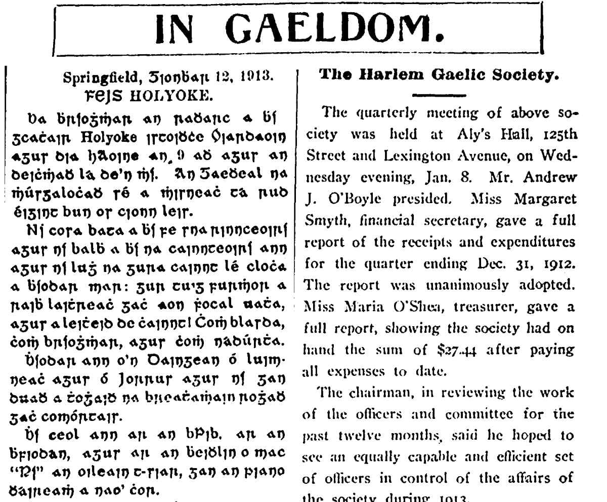 In Gaeldom column on Holyoke and Harlem, Irish American (January 18, 1913, p 5)
