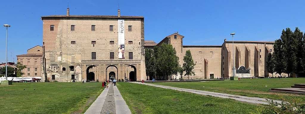 View of Palazzo della Pilotta in Piazza della Pace. The rebuilt part on the right is where once was the church of St. Peter.