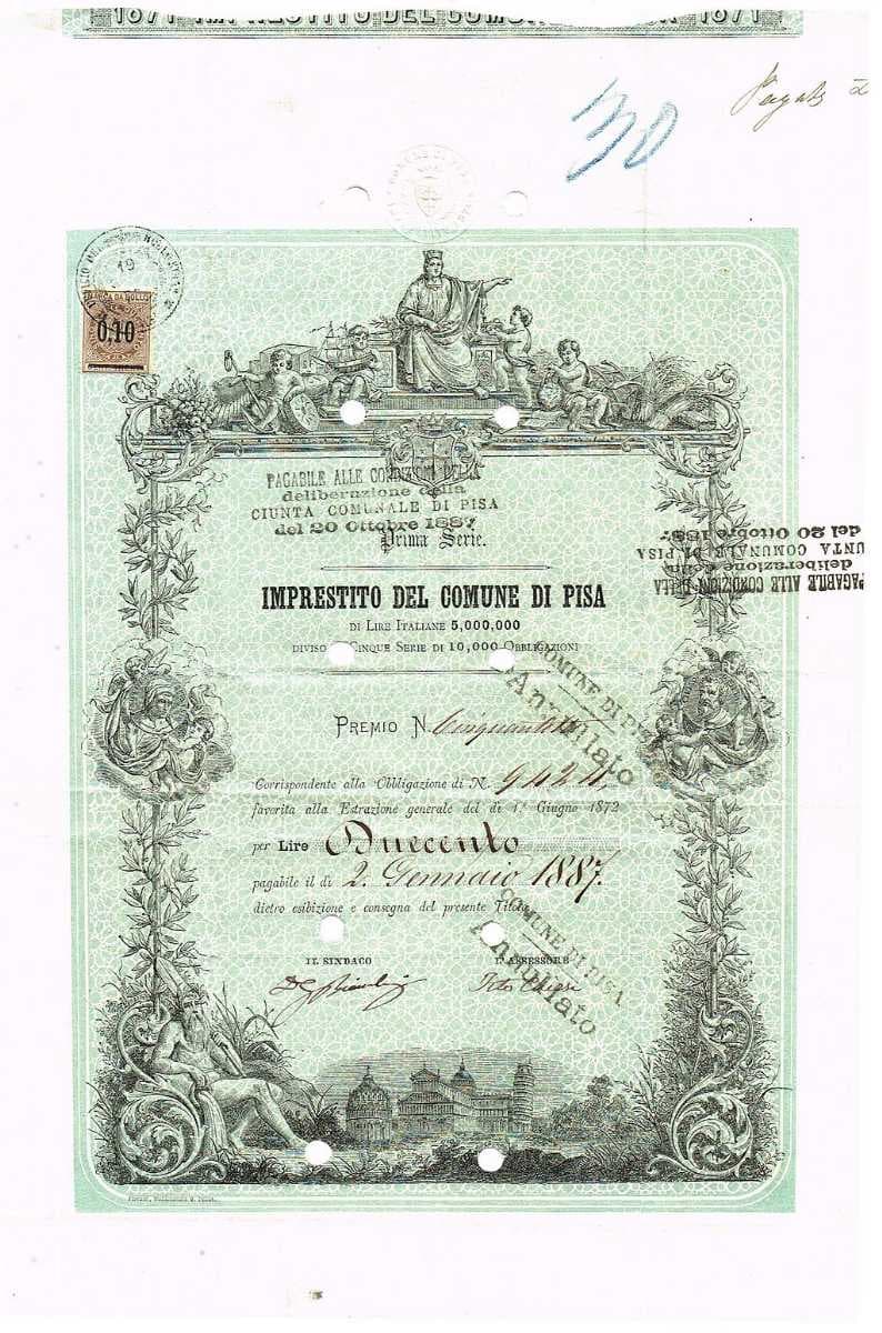 Bonus certificate of Pisa, issued July 19, 1875