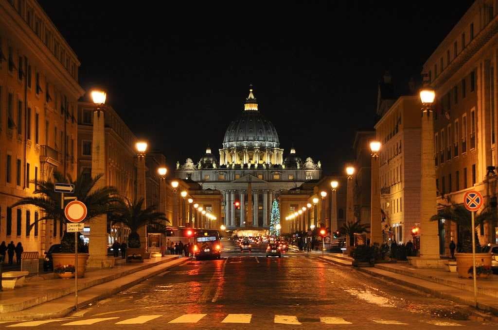 St. Peters Basilica at night from Via della Conciliazione in Rome