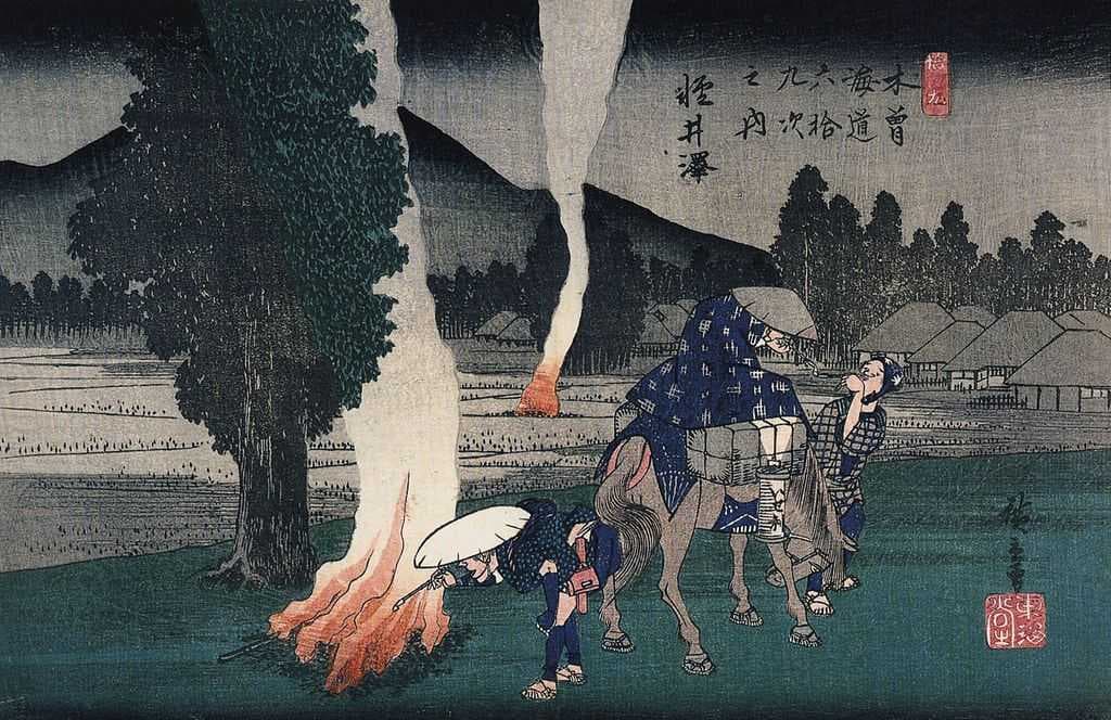 From Hiroshige's series Sixty-nine Stations of the Kisokaido (1834-1842), view 19 and station 18 at Karuisawa.