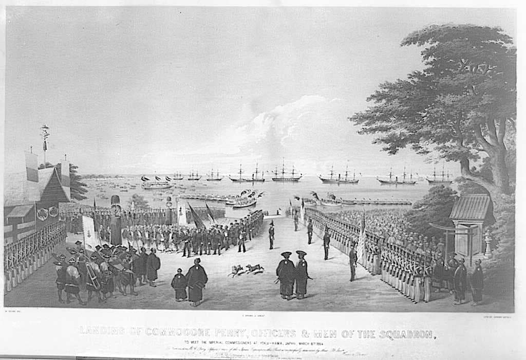 A painting depicting the Commodore Matthew Perry expedition and his first arrival in Japan in 1853