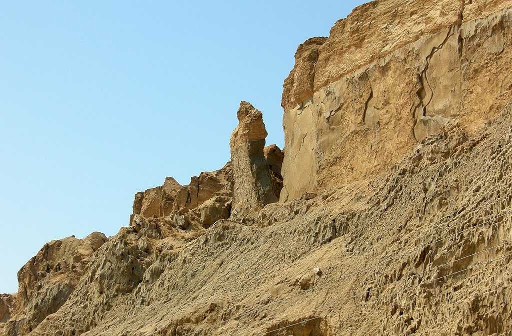 Mount Sodom, Israel, showing the so-called "Lot's Wife" pillar (made of halite like the rest of the mountain)