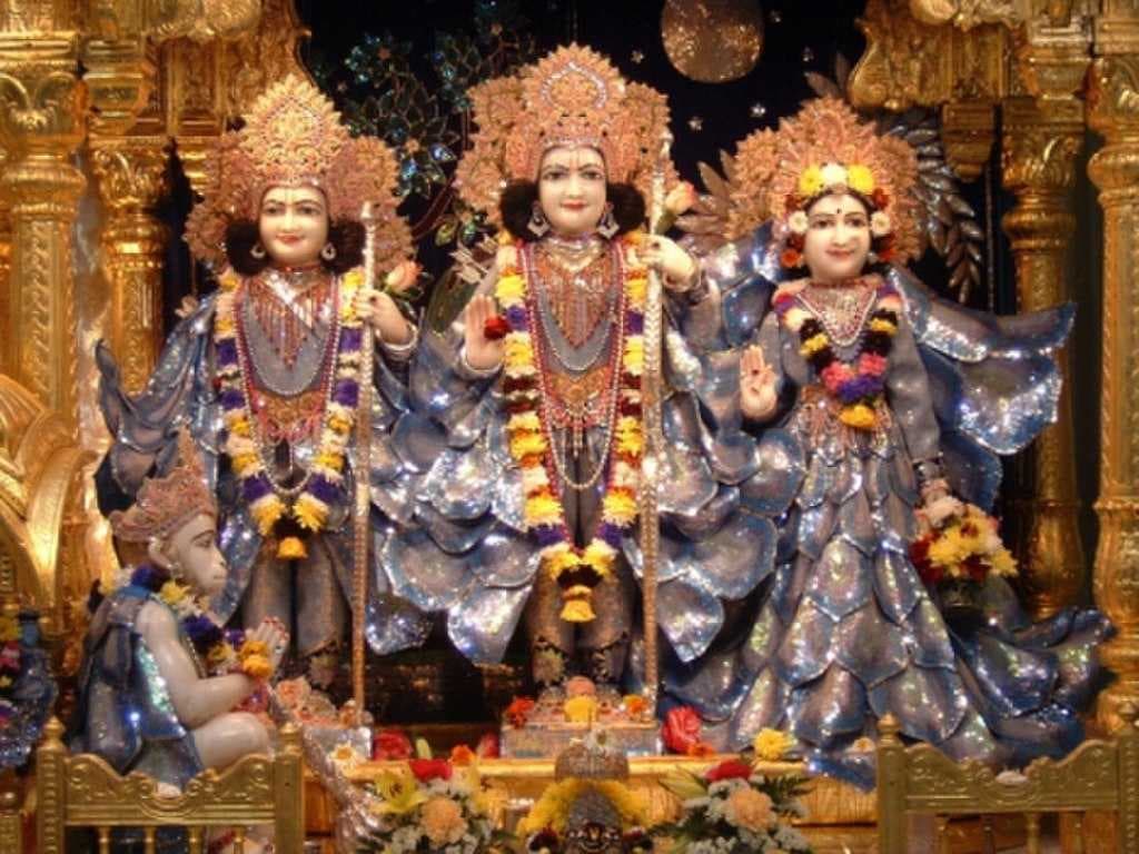 Deities of Sri Sita Devi (far right) and Sri Rama (center) (with Sri Lakshmana (far left) and Sri Hanuman (below seated))
