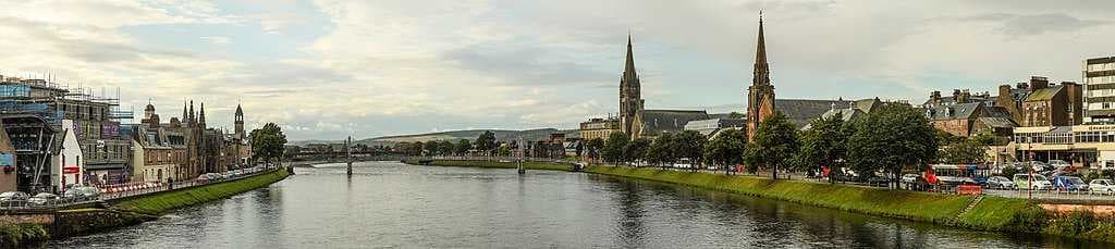 Panorama of Inverness looking downstream to the Greig St Bridge with Huntly Street (left), the River Ness and Bank Street (right)
