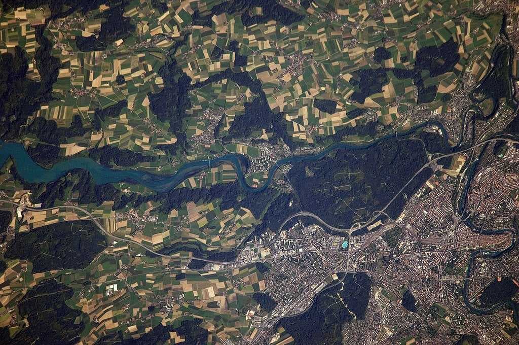 View of Bern from the ISS. The Old City is in the lower right-hand side.