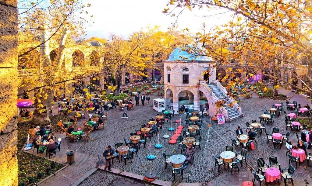 Koza Han in Bursa. The courtyard is used as a bazaar selling various silk products and other items