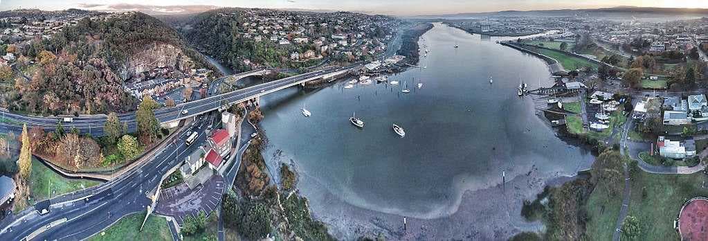 Aerial perspective of Cataract Gorge and its surrounds with the Tamar River