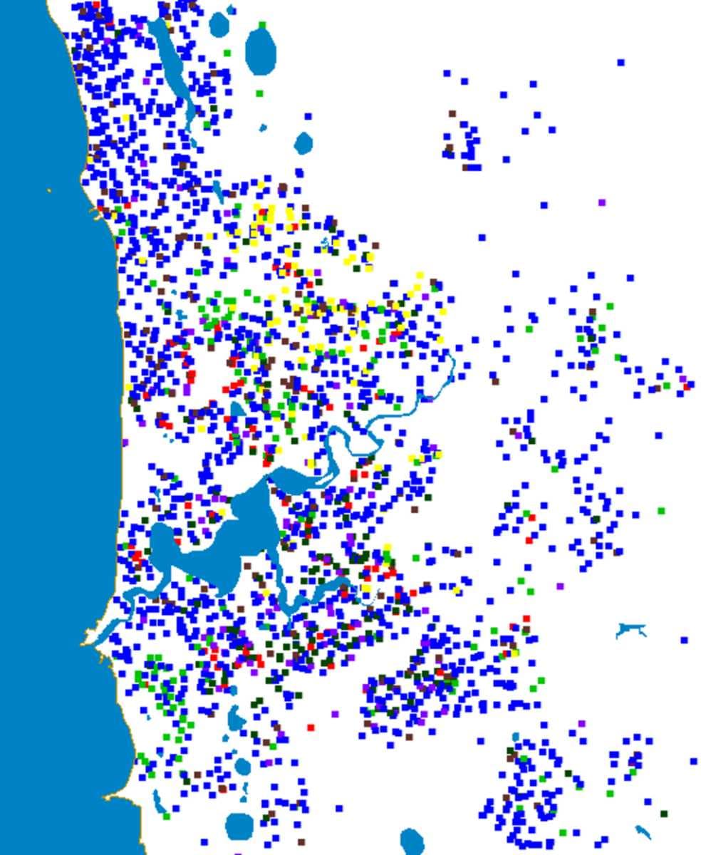 One dot represents 100 persons born in:United Kingdom (dark blue),China (red),Italy (light green),Malaysia (dark green),South Africa (brown),Singapore (purple) andVietnam (yellow), based on 2006 Census.