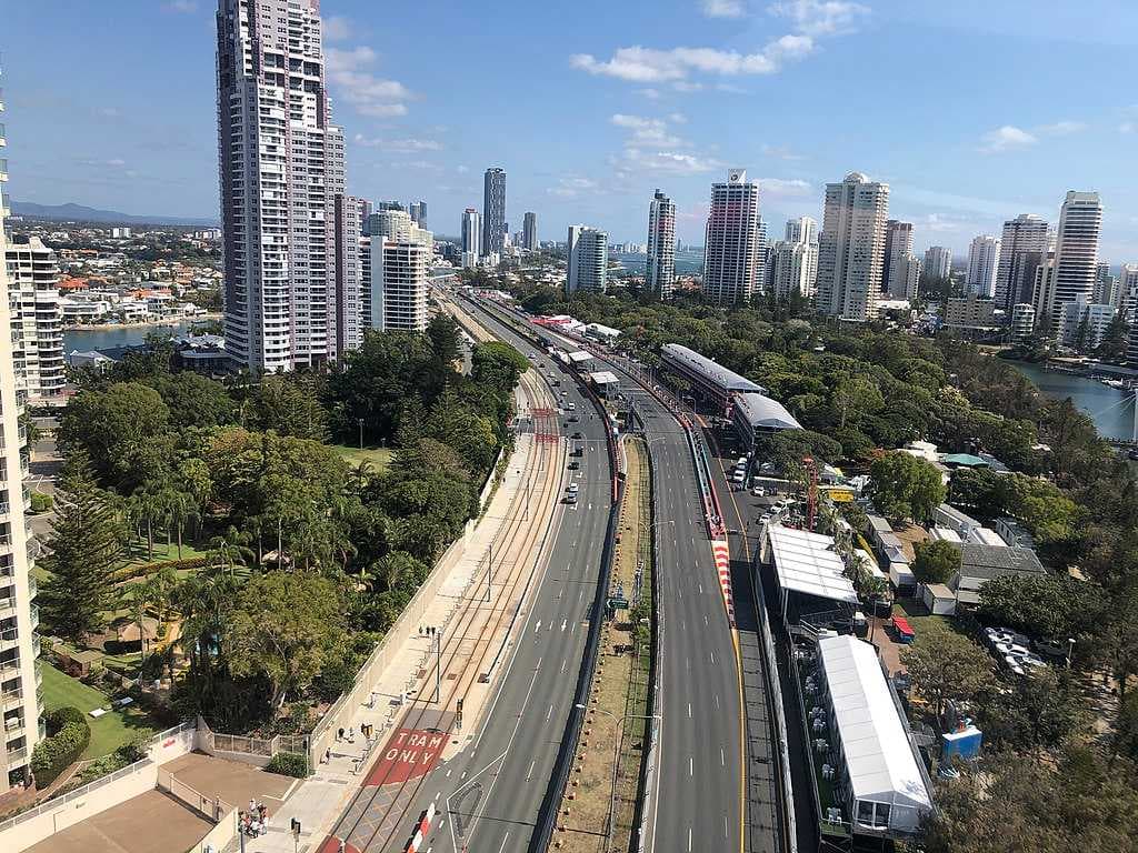 An aerial view of the Surfers Paradise Street Circuit, which hosts the Gold Coast 600 every October.