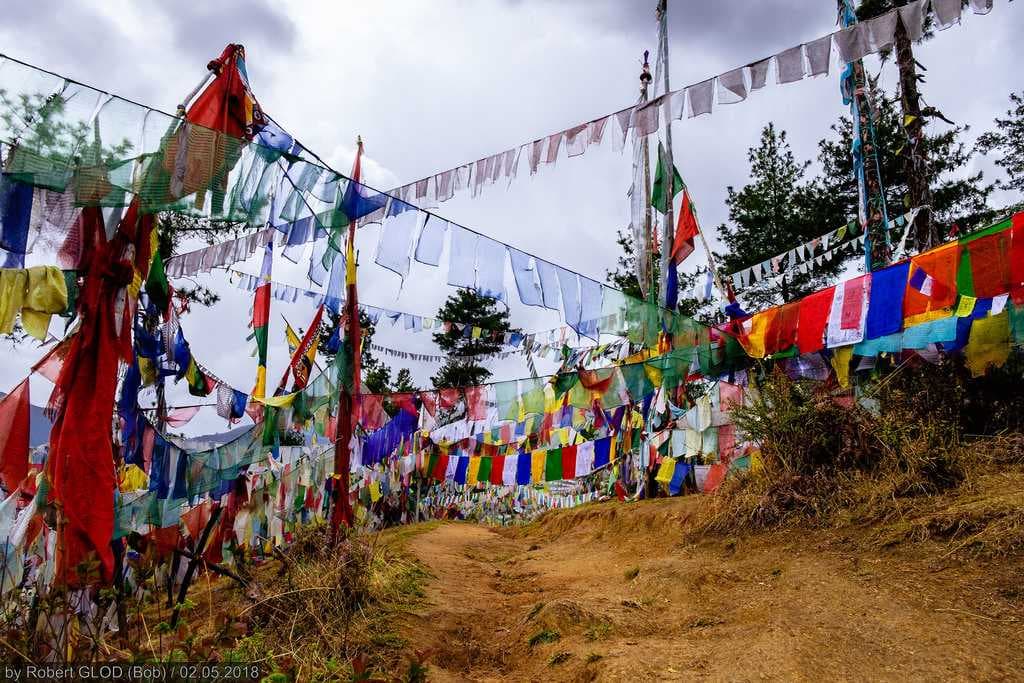 Religious flags on the way to Wangditse Goemba.